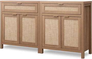 Sideboard Buffet Cabinet Set of 2, Rattan Credenza Storage Cabinet, Boho Buffet Table Console Cabinets with Drawer
