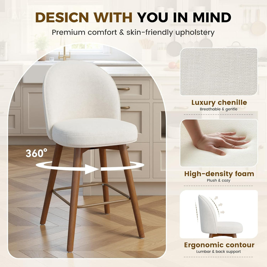 Modern Swivel Bar Stools Set of 3, Chic Upholstered Counter Height（26IN） Bar Chair with Back, Solid Wood Legs