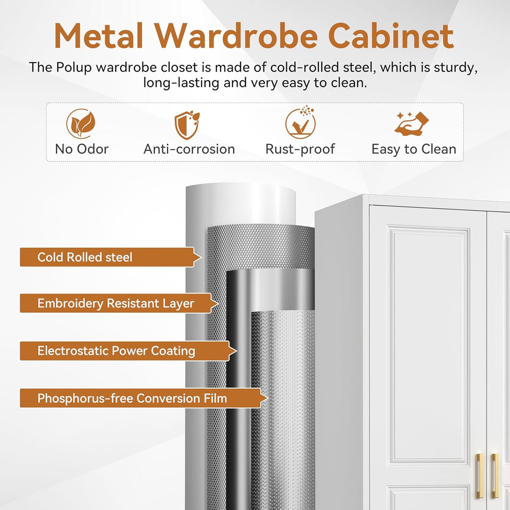 71" Metal Armoire Wardrobe Closet with Doors and Adjustable Shelves | Tall Freestanding Wardrobe Cabinet for Clothes