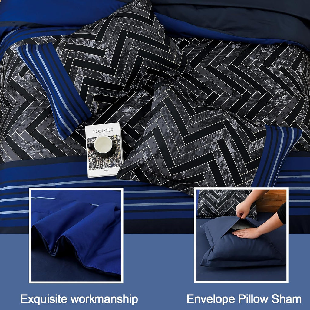 Blue Comforter Set, 7 Pieces Stripe Geometric Bed in a Bag, Geometric Comforter and Sheet Set