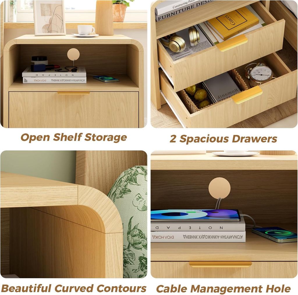 Modern Nightstand,Bedside Table,with 2 Drawers and Open Shelf, Oak Side Table, End Table ,Curved Profile