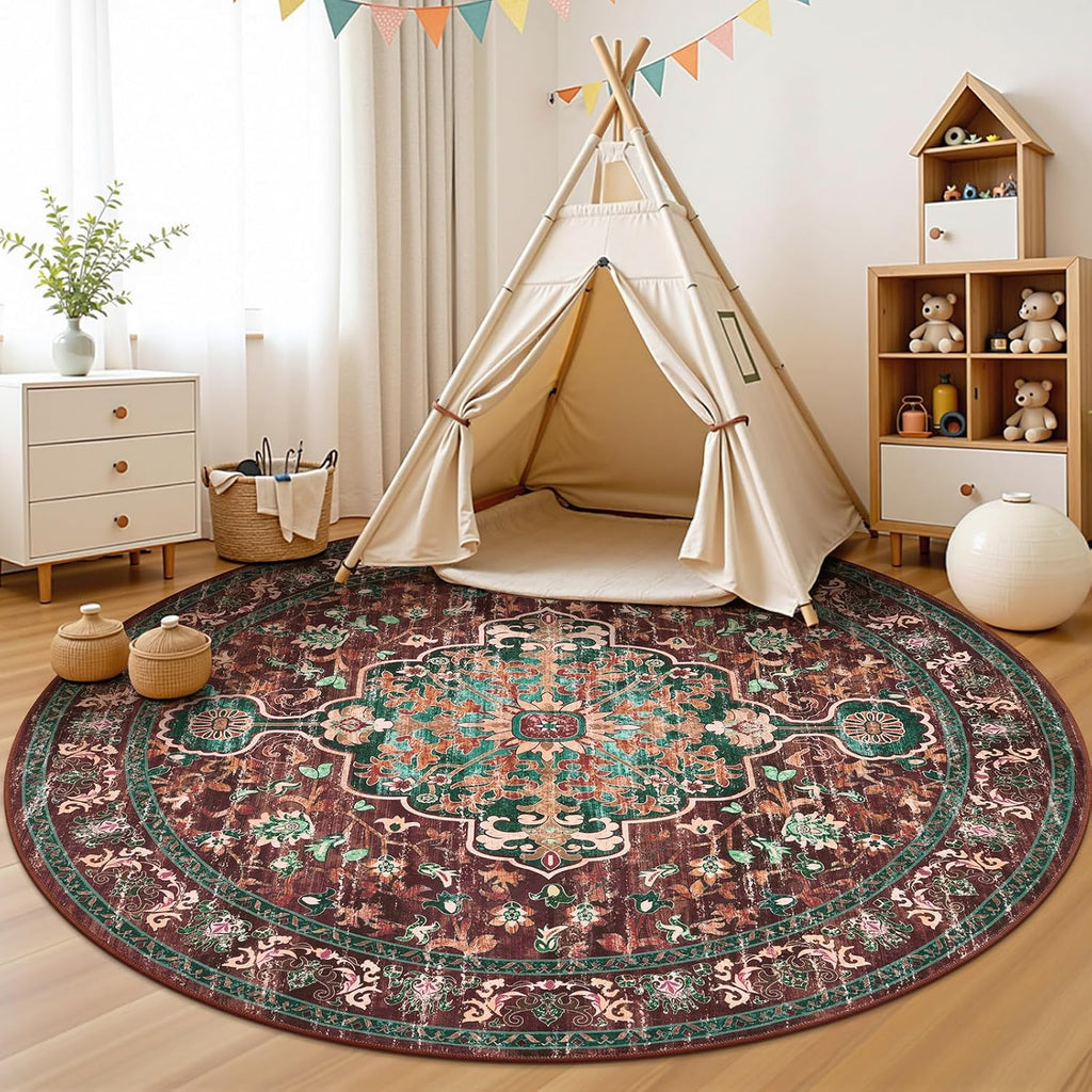 Boho Round Area Rug 8ft Machine Washable Carpet, Rust&Teal