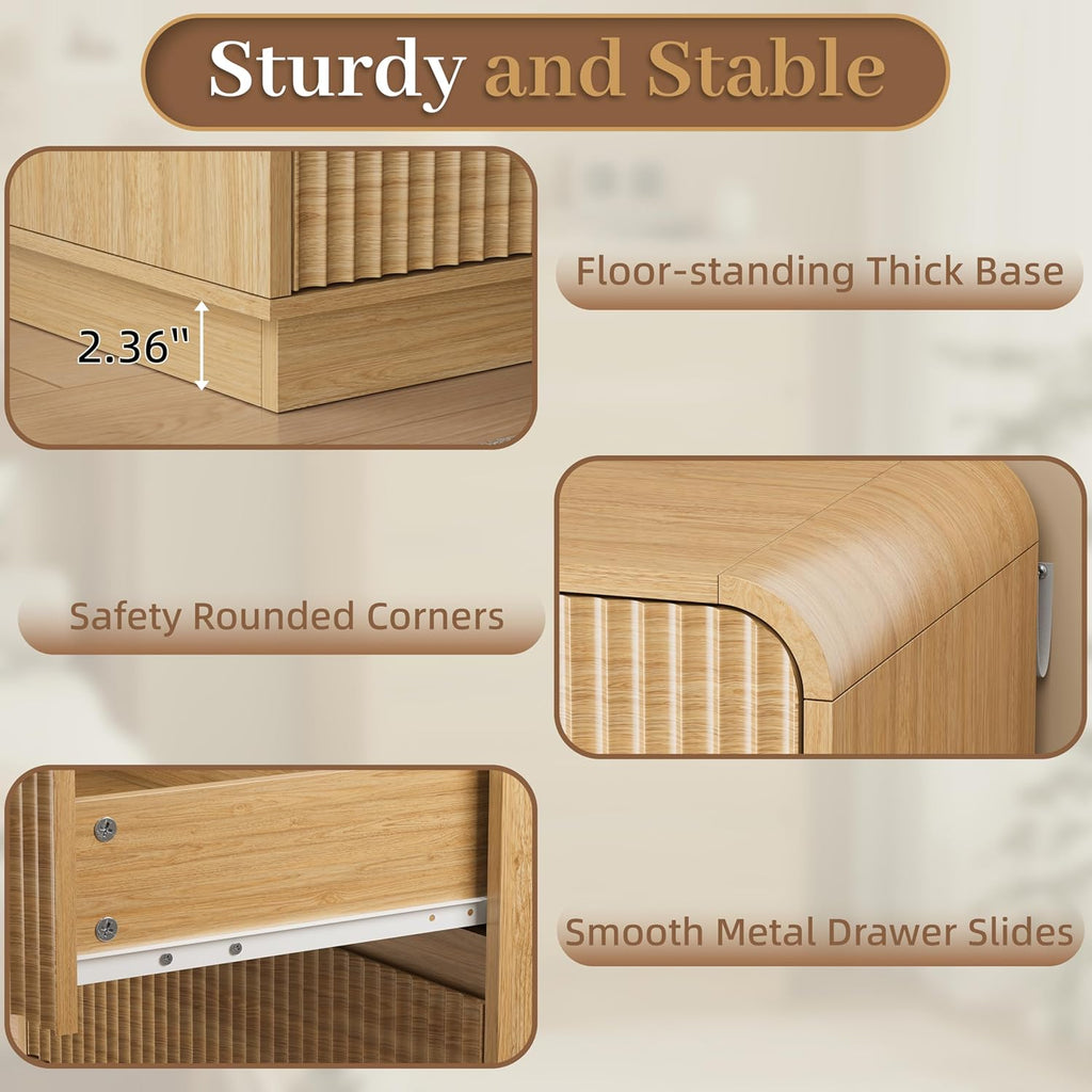 Natural Oak Dresser Fluted Tall 5 Drawer Dresser , Wood Chest of Drawers with Hidden Handles & Rounded Corners