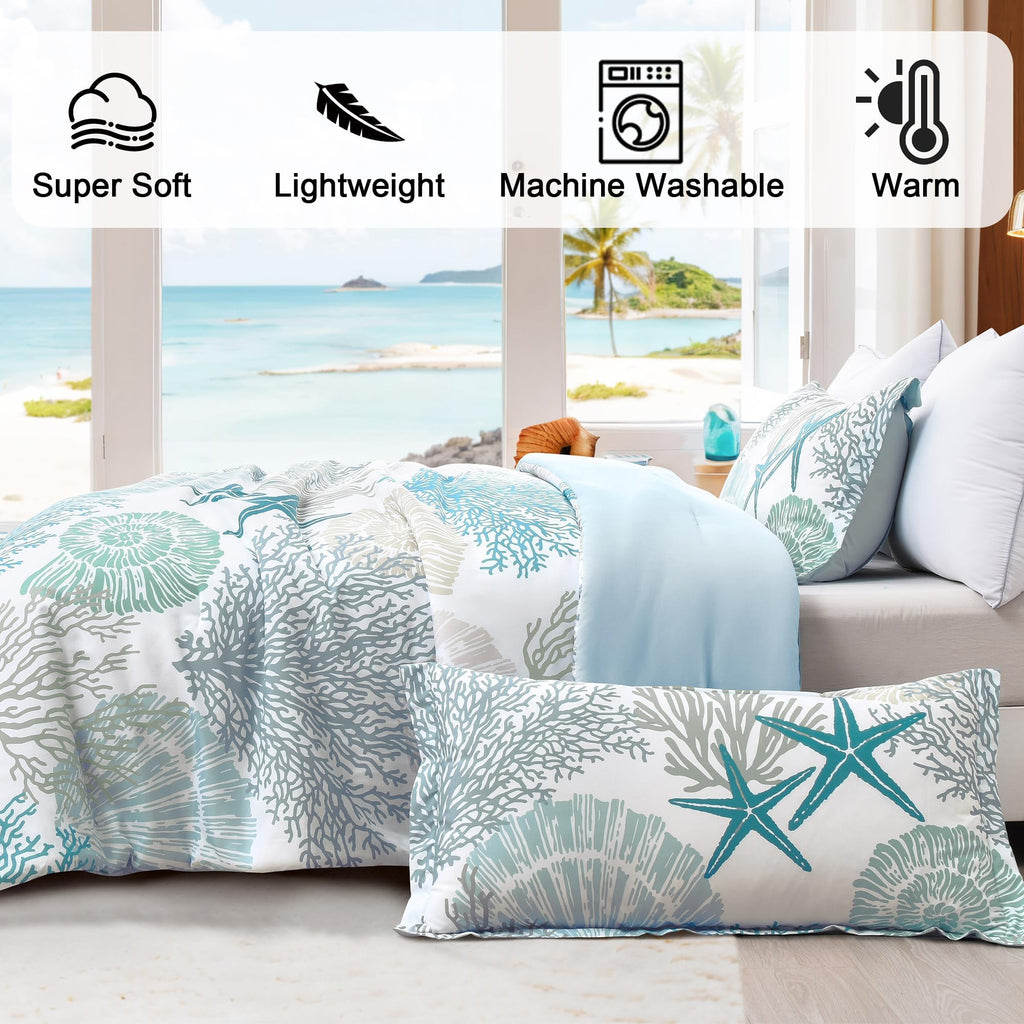 Coastal Comforter Set Queen Size 3 Piece, Soft Beach Themed Comforter, Ocean Nautical Lightweight Bedding Sets for