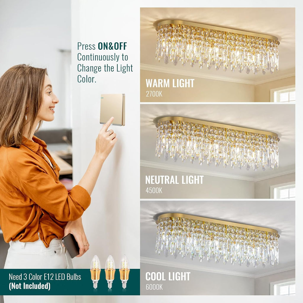 40'' Gold Crystal Chandelier for Dining Room, 10-Light Modern Flush Mount Crystal Ceiling Light, Luxury Dimmable K9