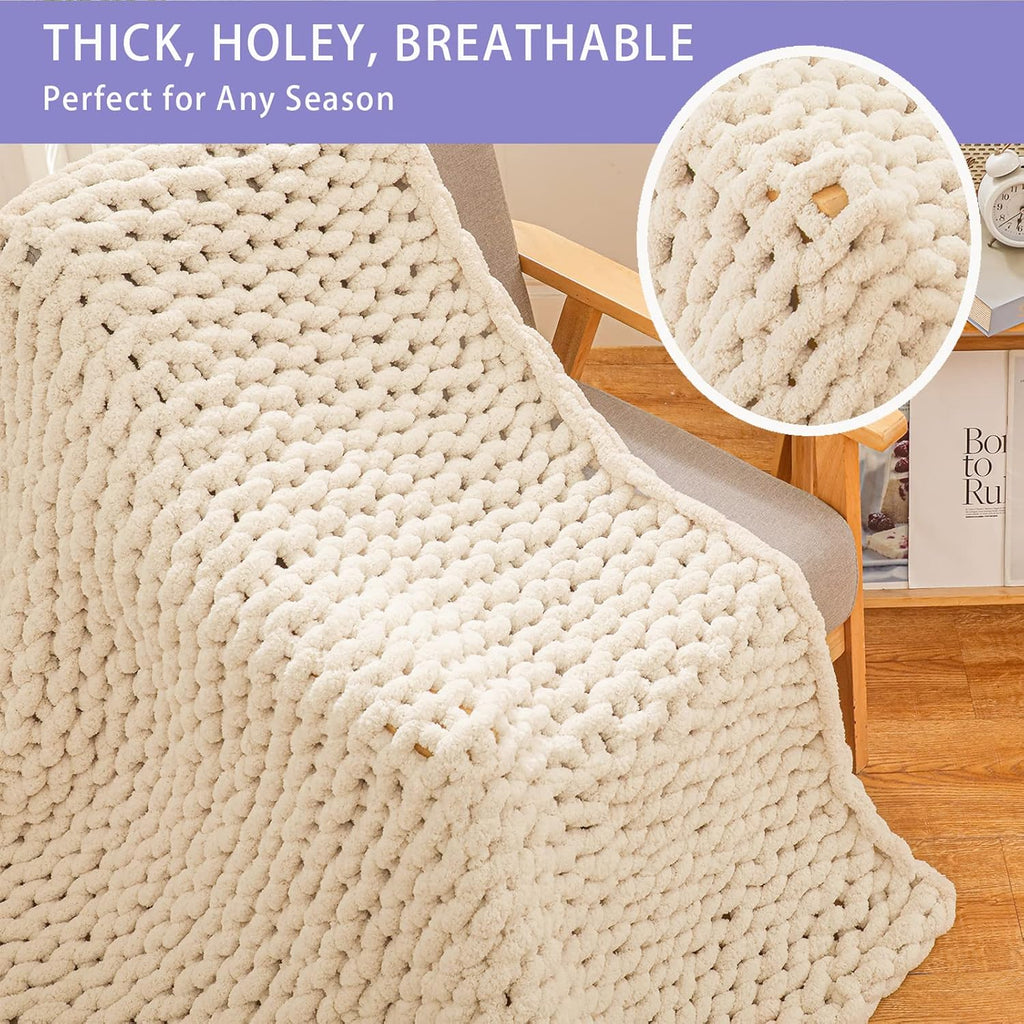 Chunky Knit Throw Blanket, 40x60 inches, 100% Hand Knitted with Thick Jumbo Chenille Yarn, Cozy Soft Large Rope Knot