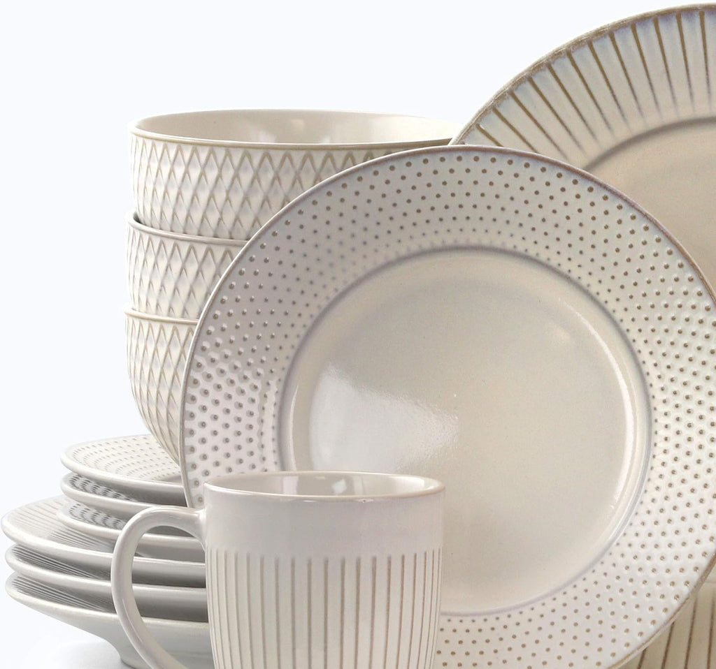 Market Finds 16 Piece Round Stoneware Dinnerware Set in Embossed White