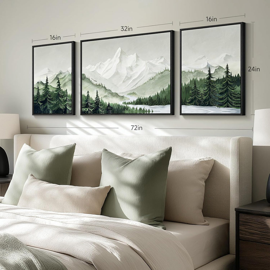 Framed Green Mountain Wall Art , 3 Piece Forest Landscape Canvas Artworks, Large Modern Nature Scenery Painting