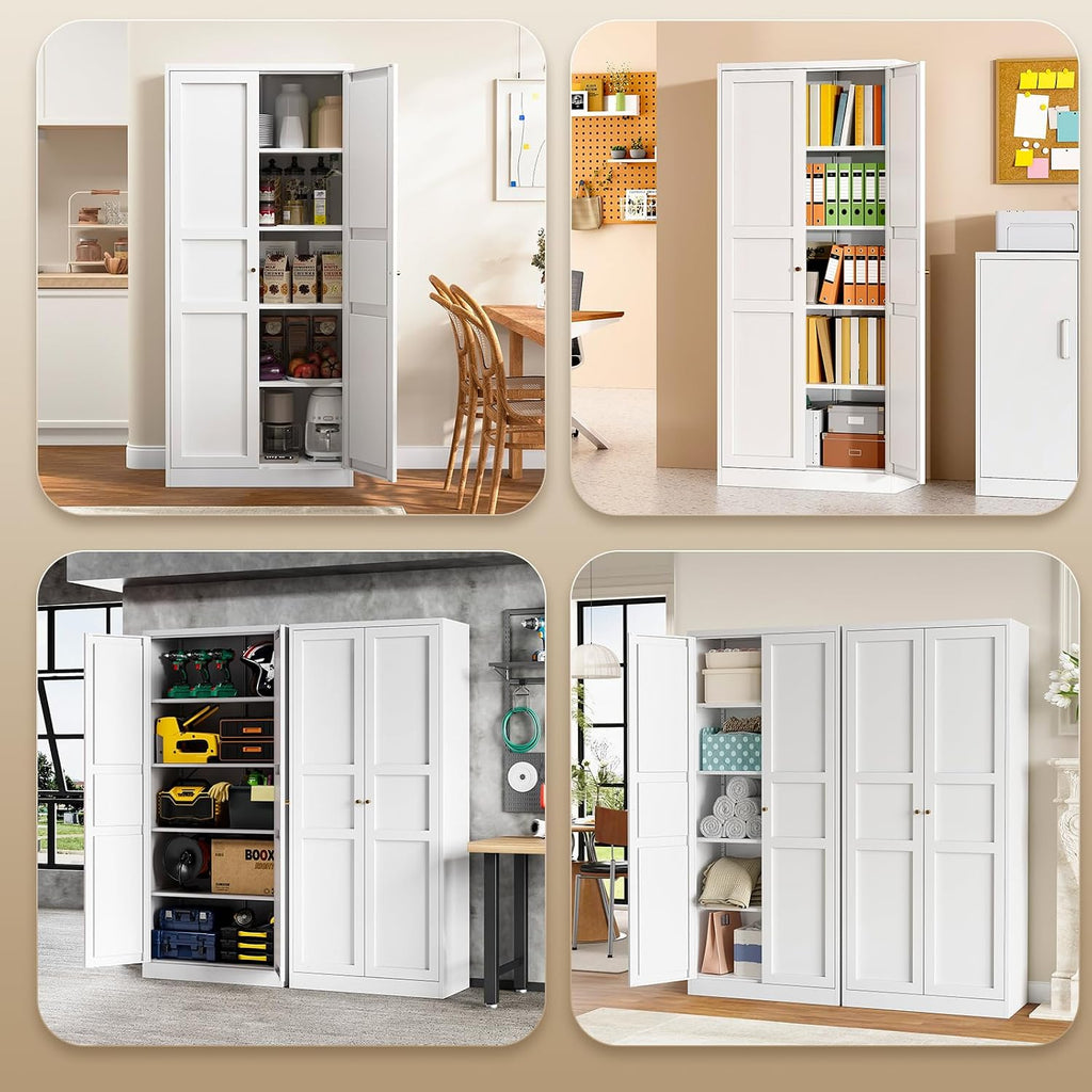 Metal Storage Cabinet - 71" White Kitchen Pantry with 2 Doors and 5 Adjustable Shelves, 5-Tier Tall Steel Locker