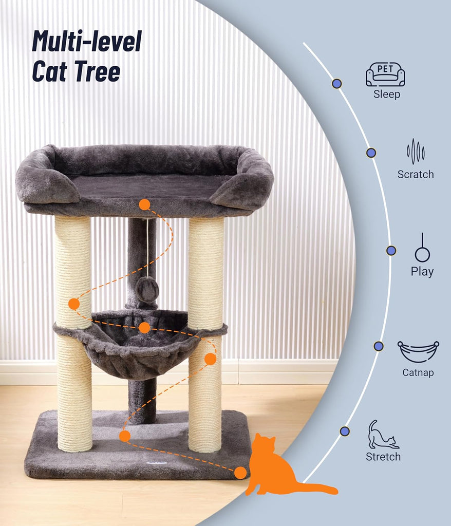 28" Cat Tree, Large Bed for Big Cats, Small Cat Tower with Soft Perch for Window Viewing, Stable Cat Tree Tower