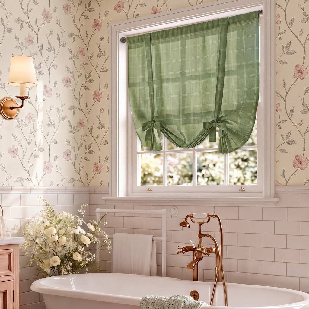 Tie Up Curtains for Windows Plaid Pattern, Linen Blend Roman Shades W46 x L63 in, Vintage Bathroom Curtains Window