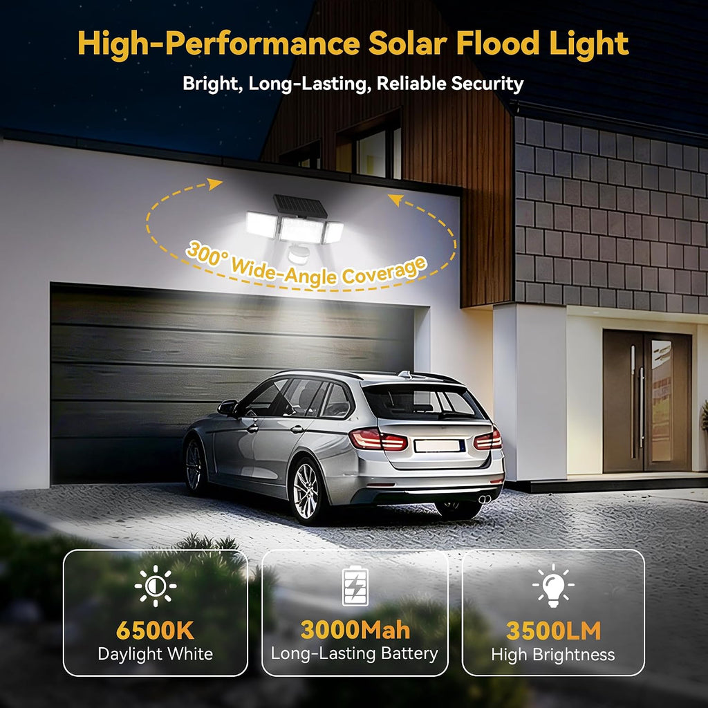Solar Lights Outdoor, 3500LM 168 LED Motion Sensor Solar Flood Lights, 3 Heads 300° Wide Angle, 3 Modes IP65