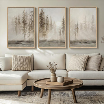 Framed Neutral Wall Art , Large 3 Piece Abstract Pastel Grunge Forest Landscape Tree Canvas Artwork Set, Modern Art