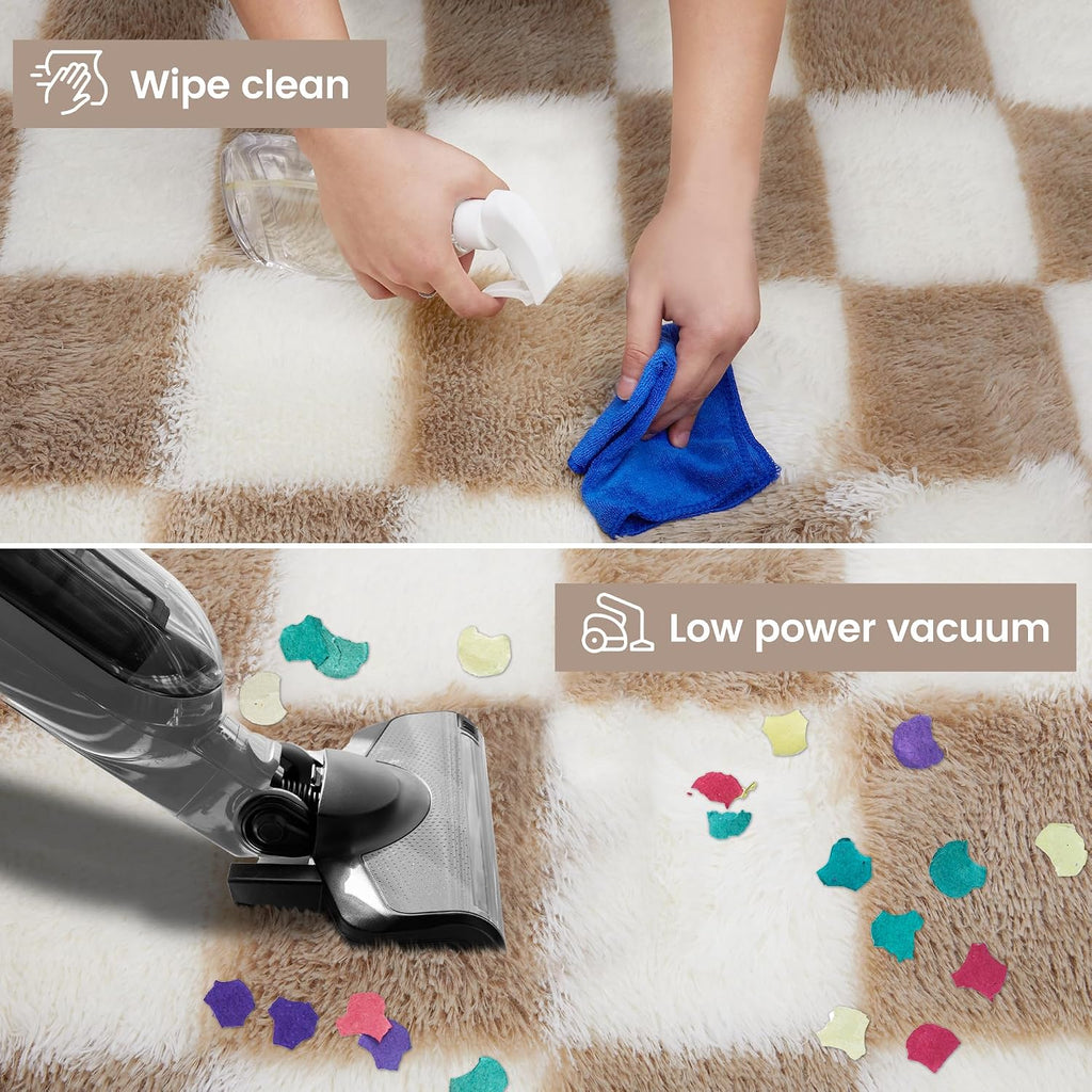 Super Soft Rug, 5x7 Ft Beige and White Area Rug Classic Checkered Shaggy Anti-Skid High Pile Soft Fluffy Rug Fuzzy