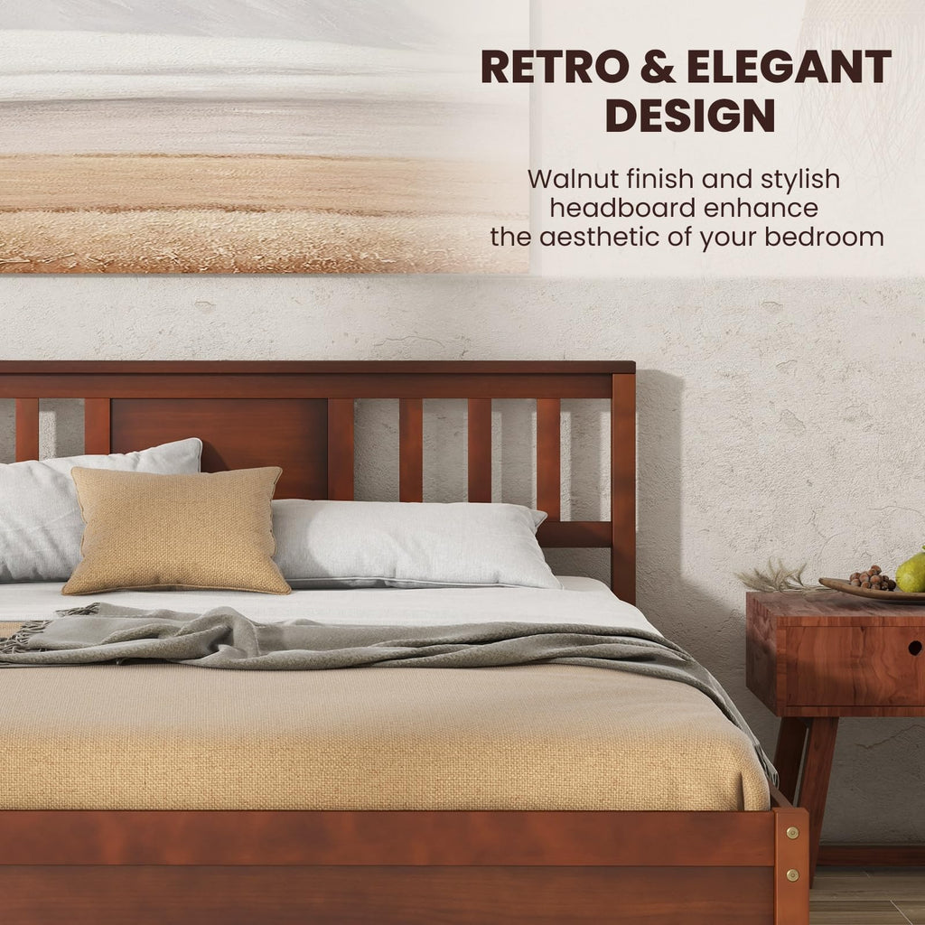 Full Size Solid Wood Platform Bed Frame, Mid Century Full Bed Frame with Headboard, Wood Slat Support, Double Panel