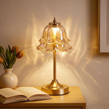 Glass Rechargeable Table Lamp, Vintage Flower Cordless Table Light -Amber