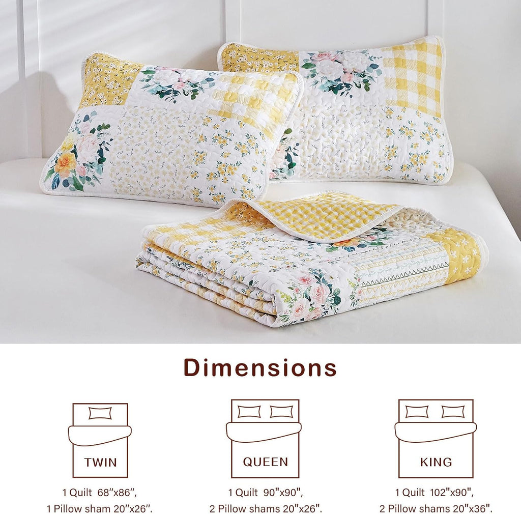 3 Pieces Floral Patchwork Quilt Set Queen, Yellow White Flowers Design, Soft Cozy Microfiber Quilt, Bedspread Bed
