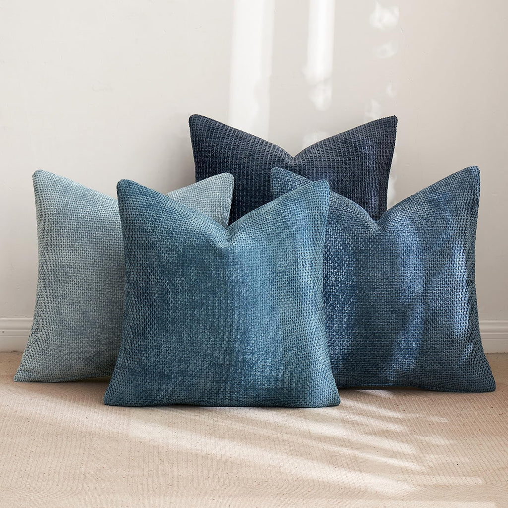 Pack of 4 Couch Throw Pillow Covers 18x18 Inch Neutral Blue Soft Decorative Chenille Pillow Covers Farmhouse Accent