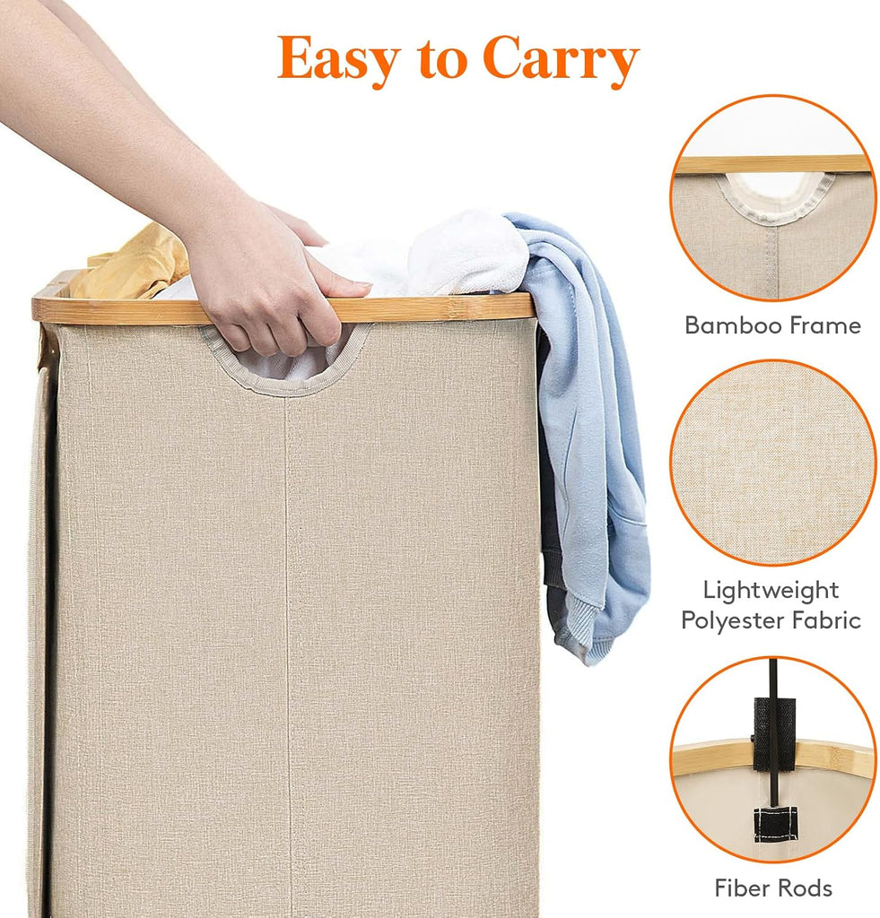150L Laundry Basket with Lid, Clothes Hampers for Laundry with Bamboo Handles and 2 Removable Bag, Large Foldable