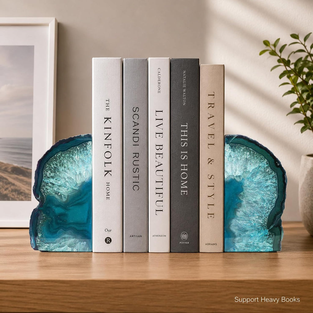 Teal Agate Bookends, Decorative Sturdy Book Ends for Study Shelf | 4-6 Lbs Color-Enhanced Teal, Brazilian Agate