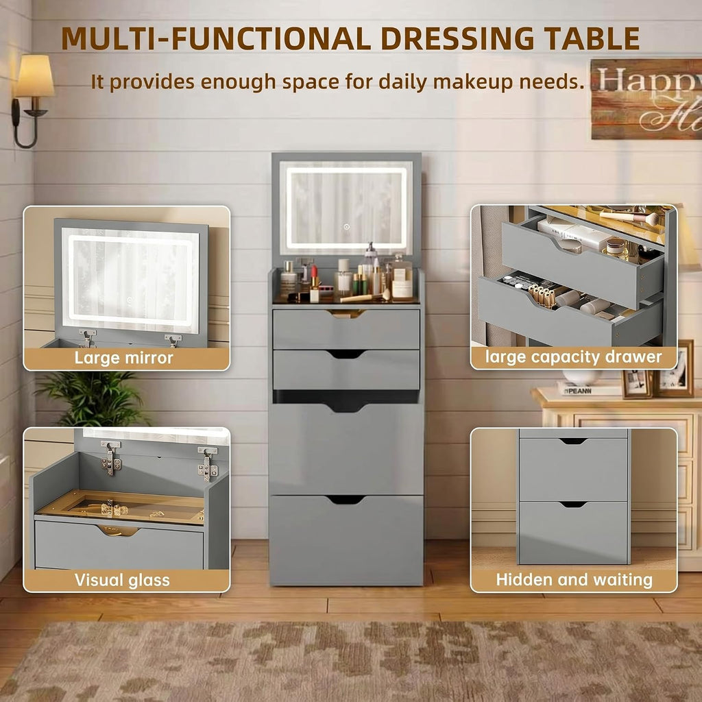 Vanity Desk with Mirror and Lights, Vanity Table Set with Storage Drawer, Bedroom Dressing Table with Charging