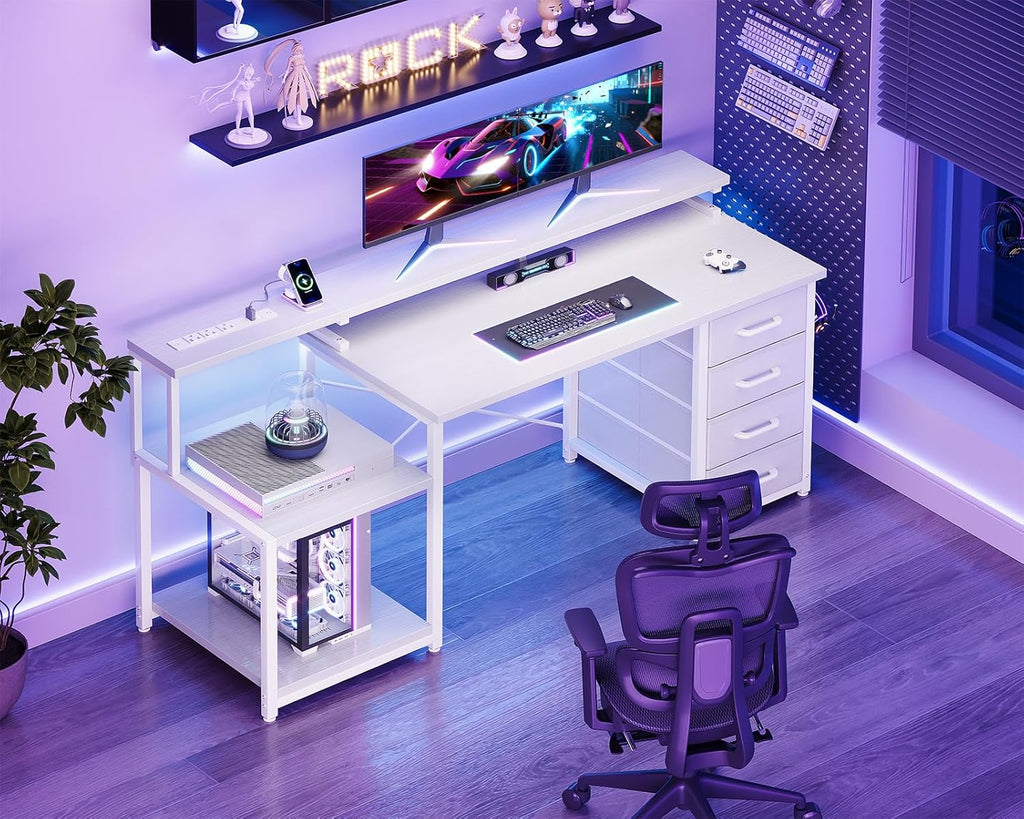 55 Inch Computer Desk with 4 Drawers, Office Desk with Power Outlets, Printer Shelf & Storage Shelves