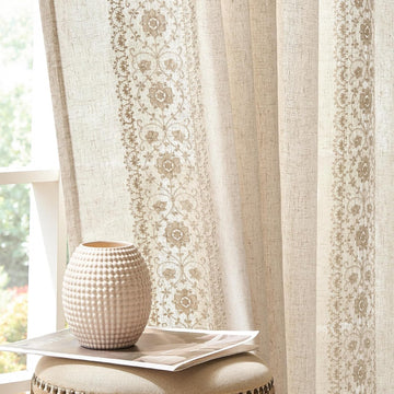 Weslie Boho Curtains for Bedroom Ivory Vintage Floral Farmhouse Curtains Linen Drapes for Living Room