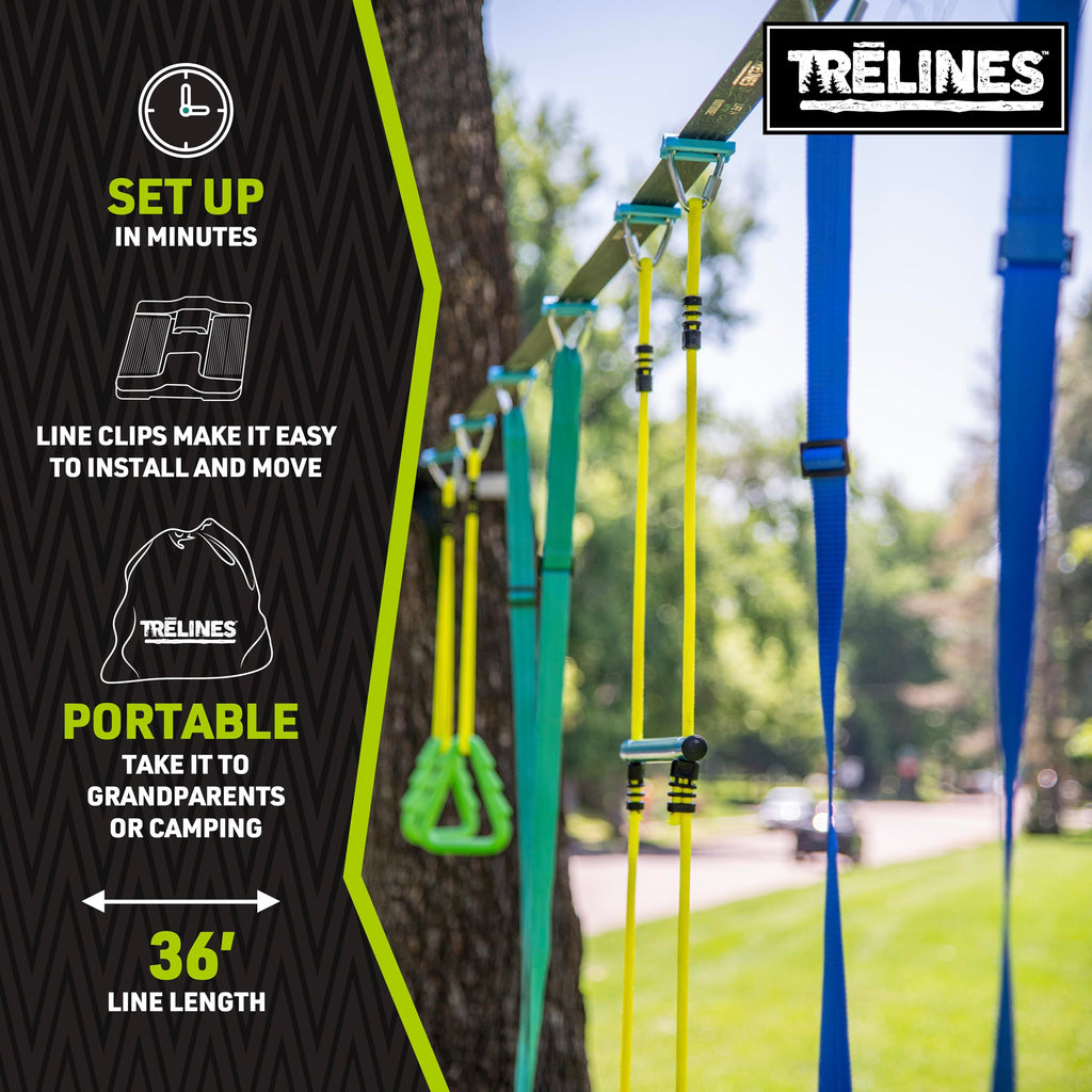 Swingset Gymnastics Kit 36 ft - Slackline Swing Set for Backyard, Monkey Bars & Gymnastics Line - 2 Swings, Double