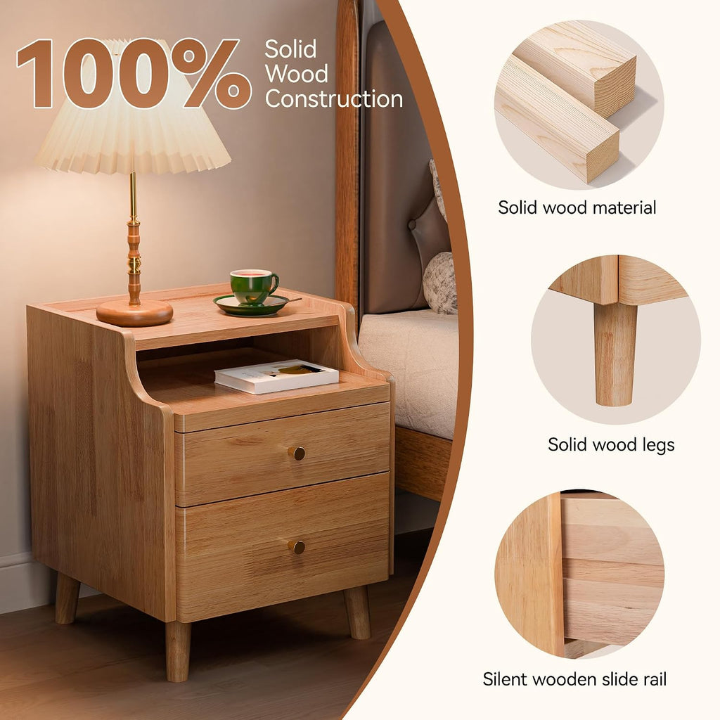 Nightstand with Drawers, Pre-Assembled, 19.7" H Natural Solid Wood Night Stand with Open Sliding Shelf, Mid Century