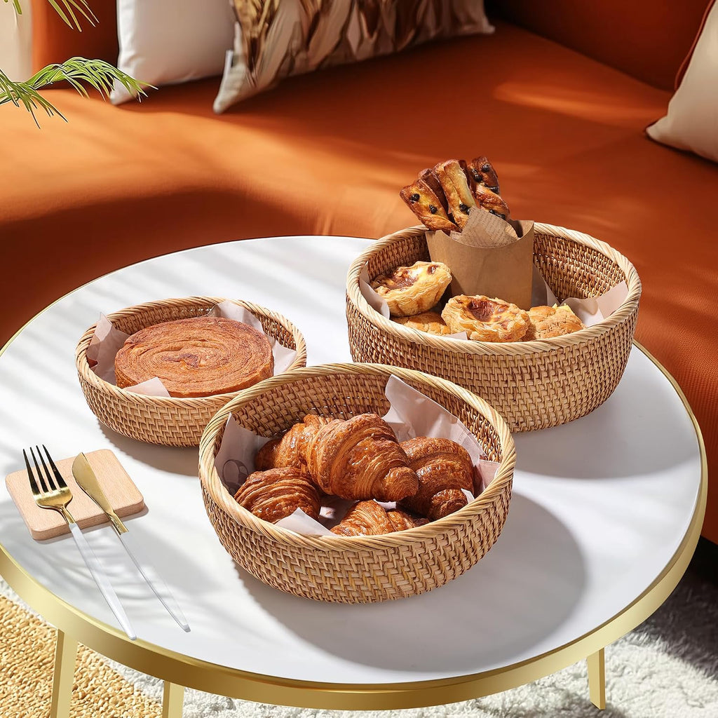 Rattan Bread Basket Set 3, Handwoven Serving Bowls | Honey brown, round wicker, fruit snack bread basket, key bowl