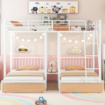 Heavy Duty Metal Triple Bunk Bed, Full Over Twin Over Twin Bunk Bed with Storage Drawers