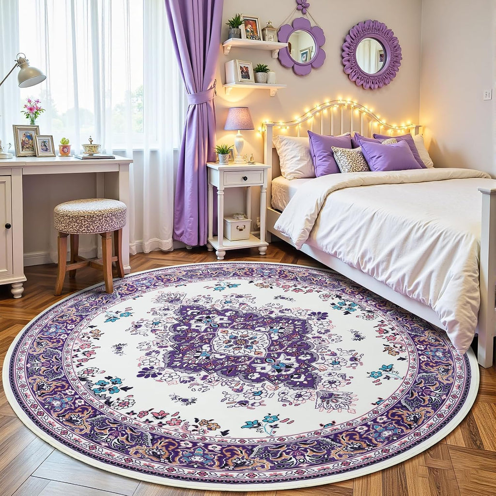 Purple Round Rug 6ft Washable Circle Rugs Bedroom
