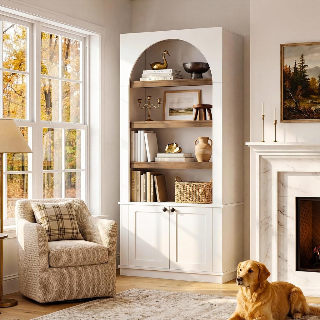 71'' Tall White Bookcase, 6-Tier Modern Arched Bookshelf with Doors