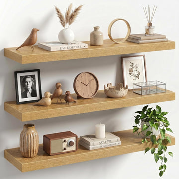 30" Floating Shelves for Wall, Set of 3, 8" Deep, 1.5" Thick, Oak Finish | Rustic Wood Wall Shelves with Invisible