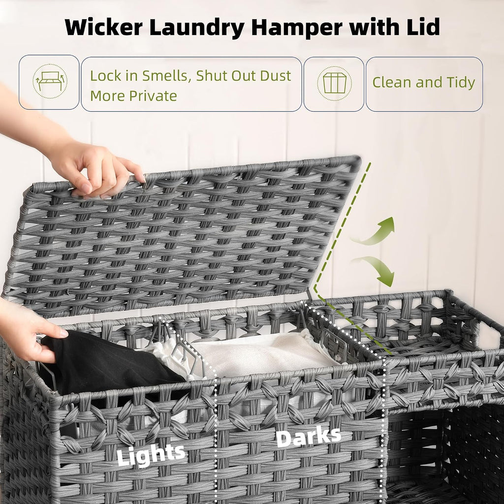 Laundry Hamper with Lid, 160L Rattan Wicker Laundry Basket with Wheels, Handwoven Laundry Hamper 2-Section with