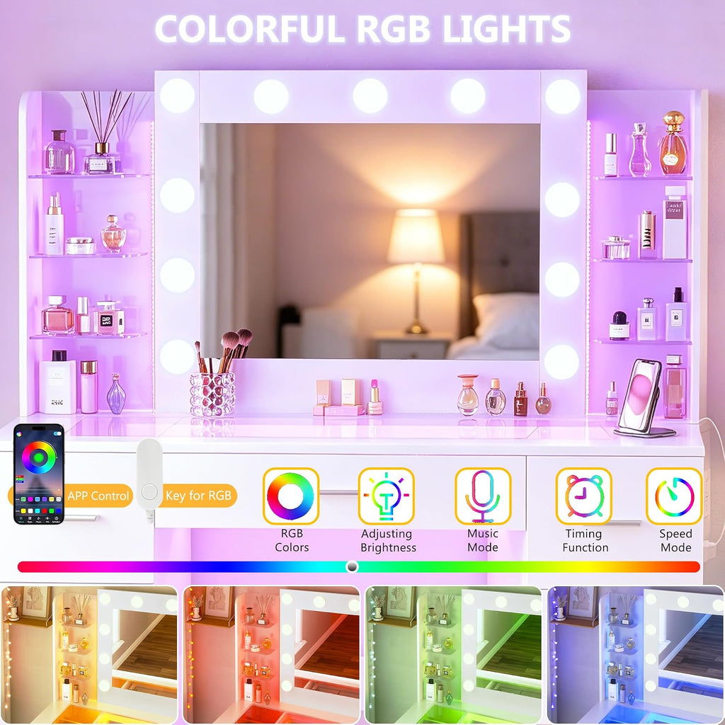 Vanity Desk with Mirror and Hollywood Lights, Makeup Vanity 6 Backlit Open Shelves with Frosted Panel & RGB Light