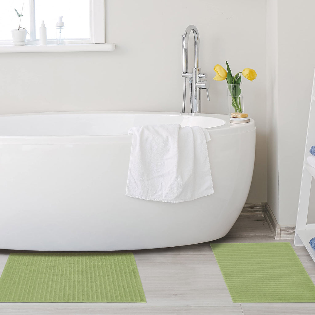 Striped Bath Mat 2-Pack, 100% Combed Cotton, Luxury Spa Ribbed Texture, Durable and Washable Bathroom Mats - Terrace
