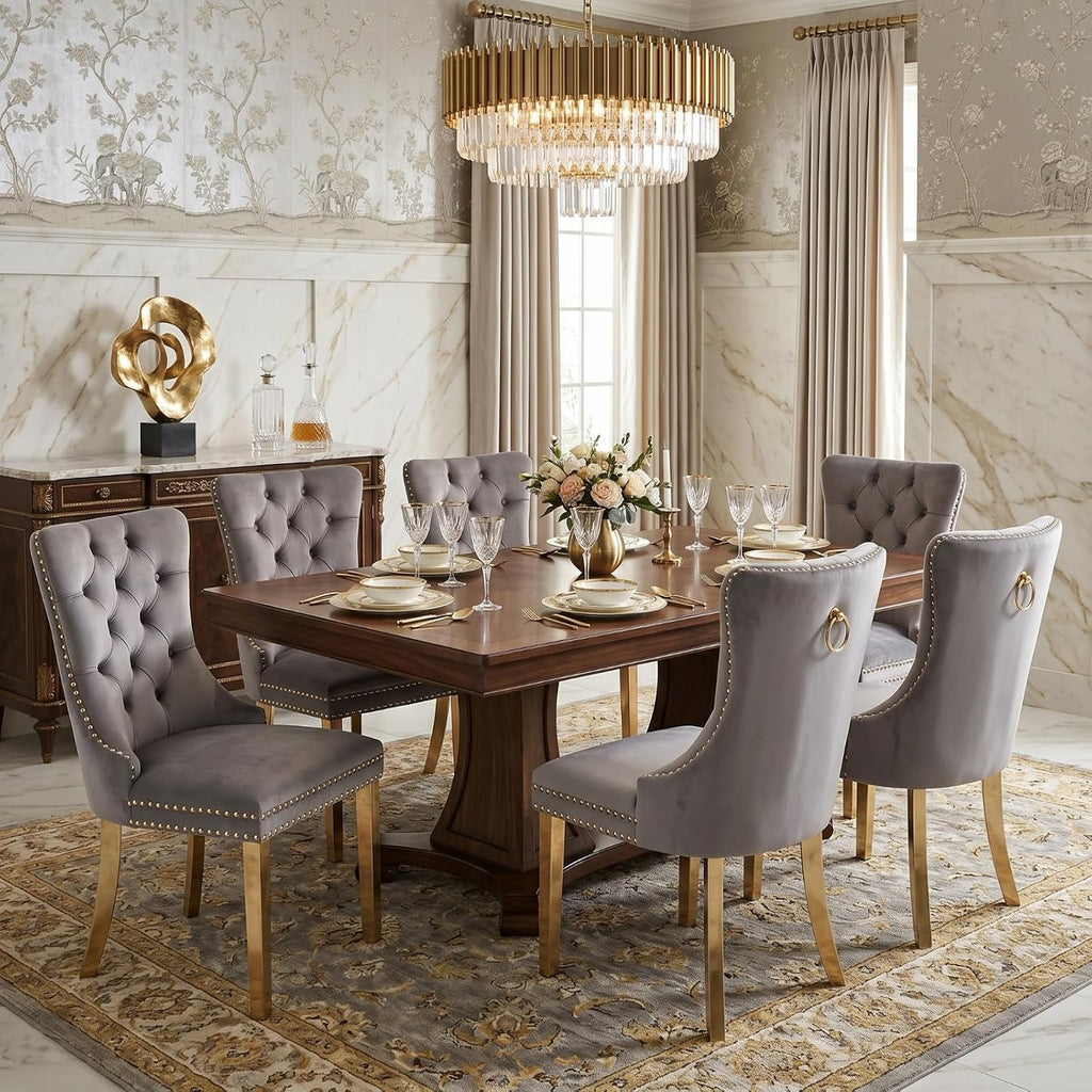 Grey Velvet Dining Chairs Set of 4, Upholstered Tufted Kitchen Chairs with Gold Legs, Mid Century Modern Dining Room