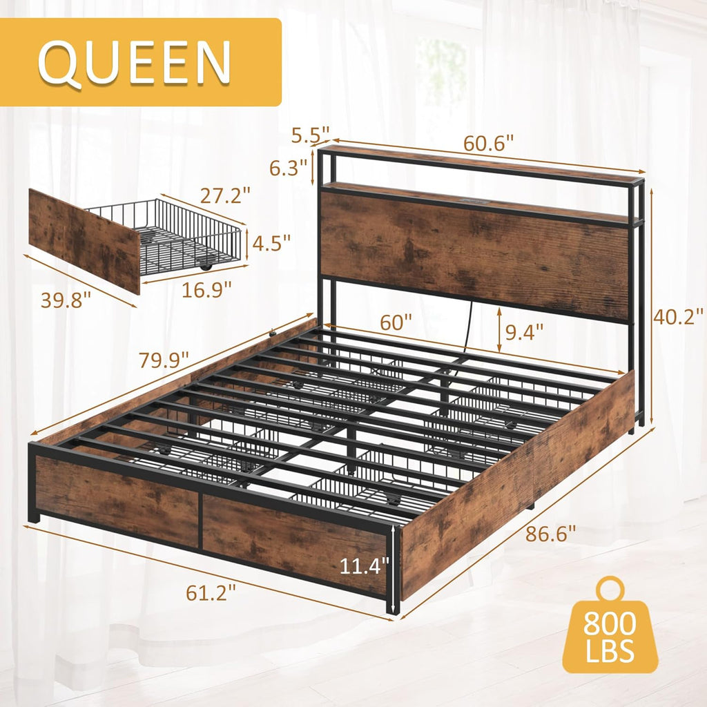 Queen Bed Frame with 2-Tier Storage Headboard, Metal Platform Bed Frame with 4 Storage Drawers