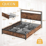 Queen Bed Frame with 2-Tier Storage Headboard, Metal Platform Bed Frame with 4 Storage Drawers