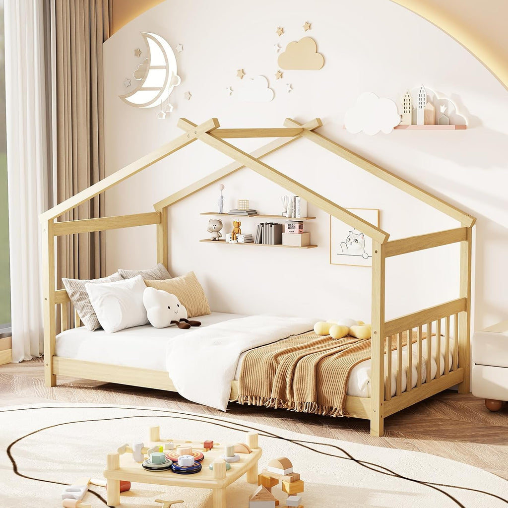 Twin Floor House Bed with Headboard & Footboard, Wood Floor Bed Frame with Roof for Boys & Girls, No Box Spring