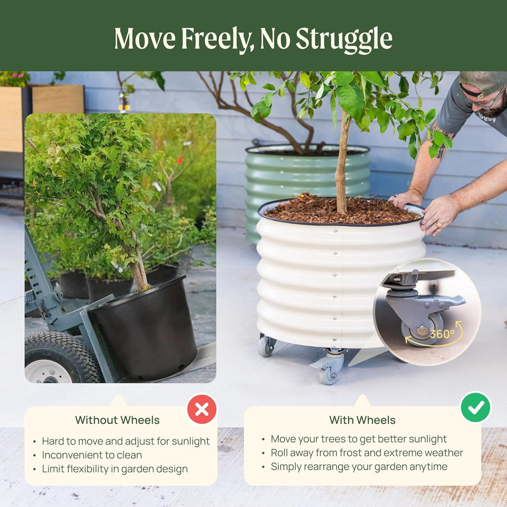 Rolling Metal Citrus Tree Planter Pot, 27′′ Round Planter Box for Porch Patio & Backyard, 45 Gallon Large Planter Pot