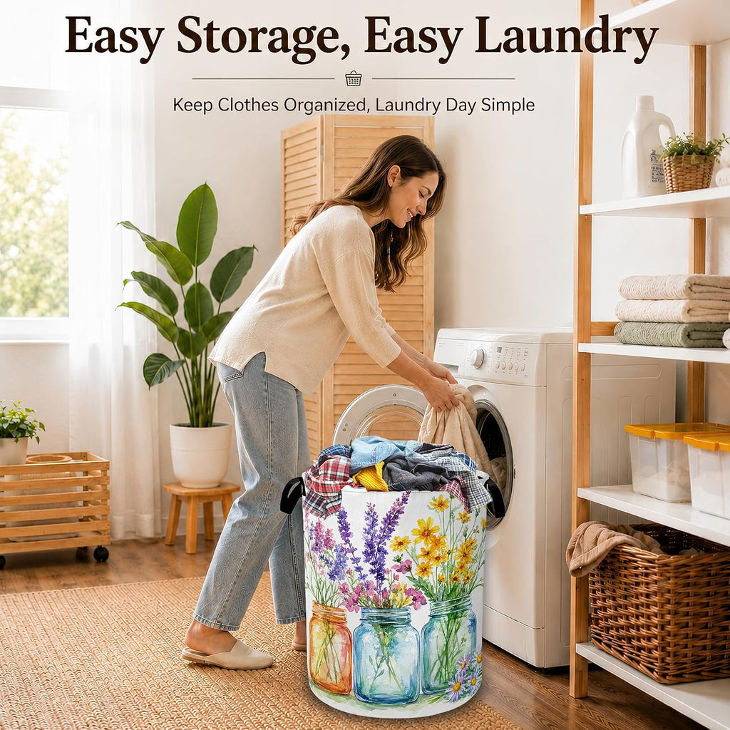 Wildflower Mason Jars Decorative Laundry Hamper, Tall Foldable Oxford Clothes Basket with Handles, Lightweight Dirty