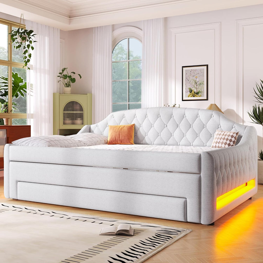 Upholstered Full Daybed with LED Lights, Trundle & 3 Drawers