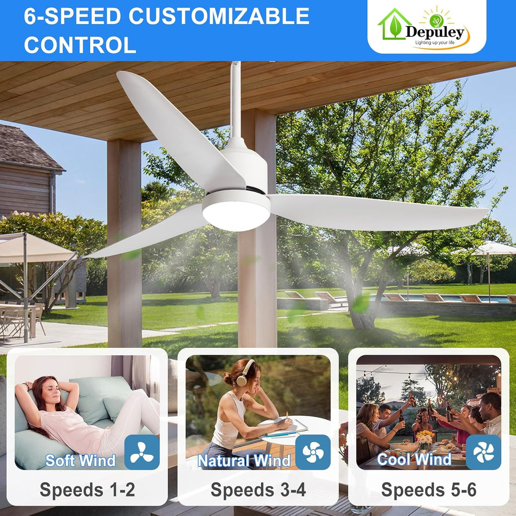 52 Inch White Waterproof Gazebo Fans with Lights Outdoor Hanging - Plug in Remote App Control for Patios Farmhouse Porch - 6 Speed Reversible DC Motor