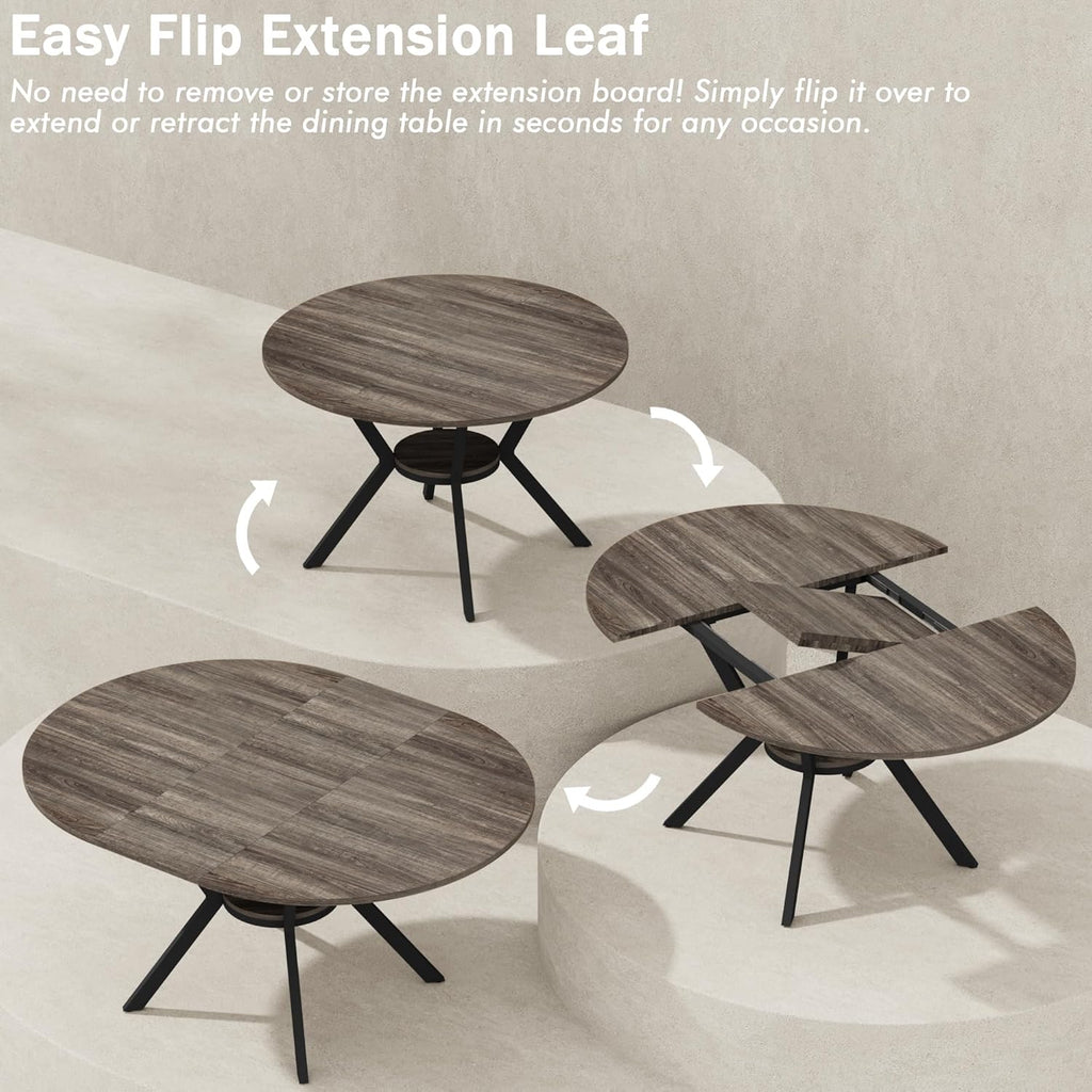 42"-58" Extendable Round Dining Table for 4-6, Kitchen Oval Table with Hidden Leaves & Storage Shelf, Space Saving
