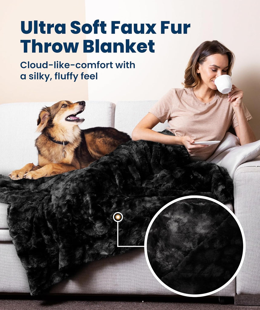 Soft & Comfortable Black Faux Fur Throw Blanket, Plush Fuzzy Cover