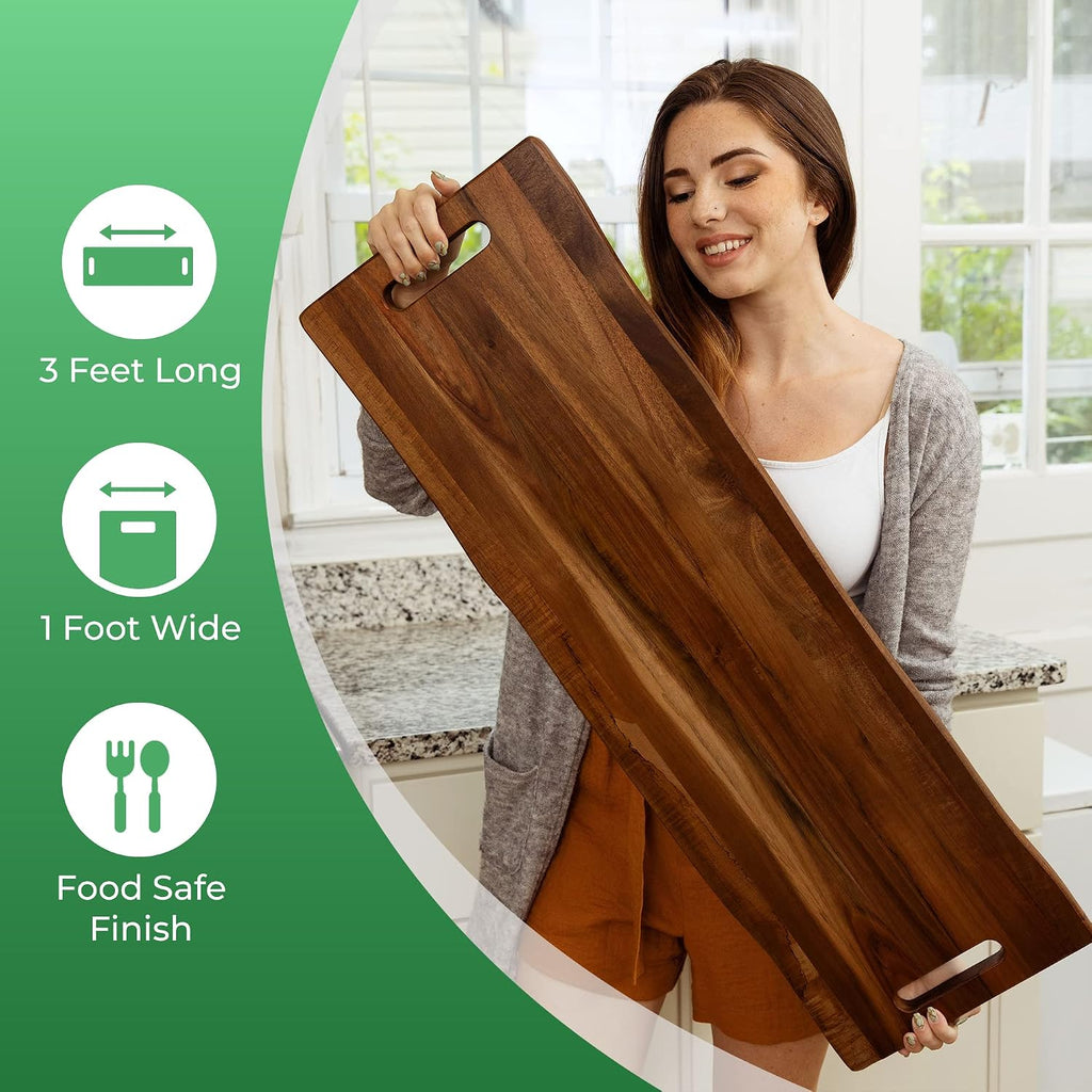 Large Acacia Serving Board with Handles, 36 x 12 Inch Rectangular Charcuterie Platter, Natural Wood Server for Meat