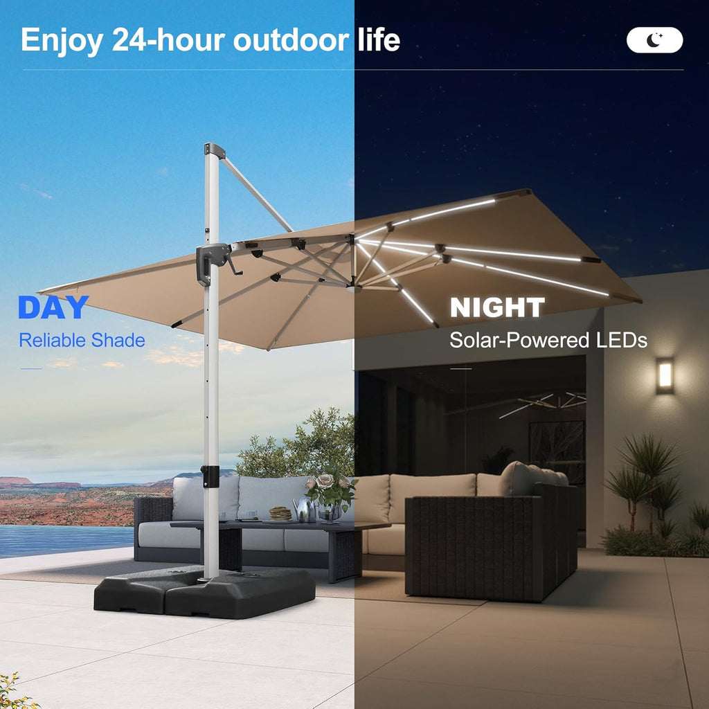 9' X 12' Patio Umbrella with Lights Outdoor Rectangle Cantilever Umbrella Solar Powered LED with 360-degree Rotation