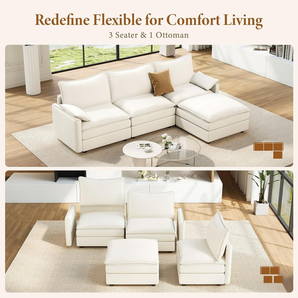 108" Modular Sectional Sofa, Comfy Cloud Couch with Movable Ottoman Deep Seat Chenille L Shaped Modular Sofa